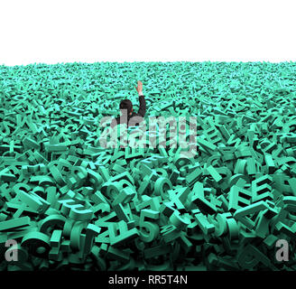 Big data concept, businessman was overwhelmed by huge amount of 3d green letters and numbers, isolated on white background. Stock Photo