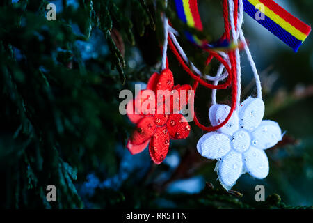 Moldavian and Romanian spring symbol. Martisor on green natural background with tricolor elements. Martisor is a red and white string which is offered Stock Photo