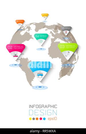 Seven circles with business icon infographics on world map background. Stock Vector
