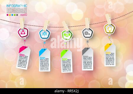 Business infographic 5 steps hanging on clotheslined with bubble background. Stock Vector