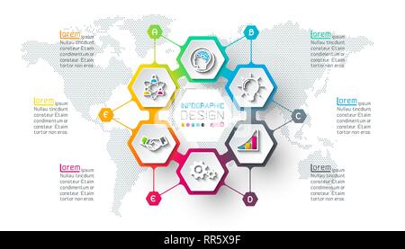 Business hexagon labels shape infographic on circle. Stock Vector