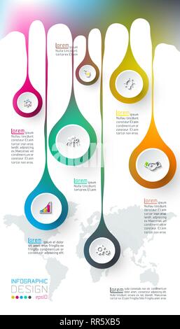 Seven circles with business icon infographics on world map background. Stock Vector