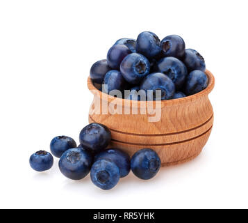 Blueberry isolated on white background. A pile of fresh blueberries in a wooden bowl Stock Photo