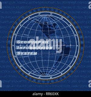 Geographic information system concept. Western hemisphere on jeans textile background. Stock Vector