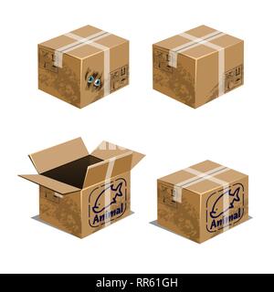 Set of carton boxes for transporting animals isolated on white background. Vector cartoon close-up illustration. Stock Vector