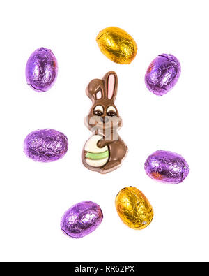 Chocolate eggs and bunny candy for easter celebration Stock Photo