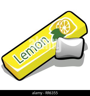 Chewing gum with lemon flavor isolated on white background. Cleaning the teeth after eating. Vector cartoon close-up illustration. Stock Vector