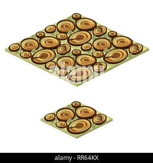 Set of floor tile with texture of wood saw cut isolated on white background. The idea of a garden pathway made of sawmill waste. Vector cartoon close Stock Vector