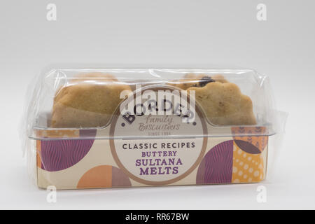 Largs, Scotland, UK - February 22, 2019: Border branded sultana biscuits in recyclable packaging with recycling and nutritional information on rear. Stock Photo