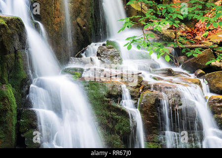 waterfall with small cascades. beautiful nature background in summer. branch with green leaves above. long exposure Stock Photo