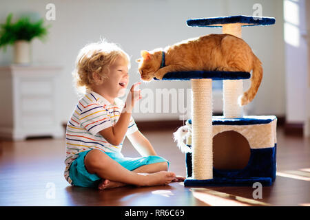 Child playing with cat at home. Kids and pets. Little boy feeding and petting cute ginger color cat. Cats tree and scratcher in living room interior.  Stock Photo