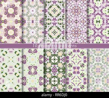Set of ten classic seamless patterns in shades of lilac and green. Decorative and design elements for textile, book covers, manufacturing, wallpapers, Stock Vector