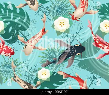 Japanese koi fishes tropical pattern. Exotic background with tropical leaves, flower and chinese koi, japanese pond seamless texture, vector illustrat Stock Vector