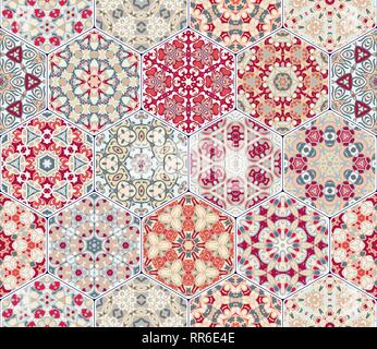 Set of hexagonal patterned tiles. Eastern color pattern for the design of fabric, gift wrapping, floor and wall ceramics. Vector illustration. Stock Vector