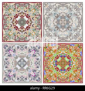 Four square colorful patterns. Oriental ornament for the design of scarves, scarves or textiles. Vector illustration. Stock Vector