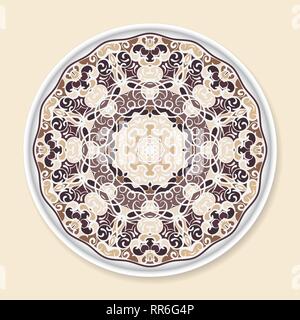 Decorative plate with round ornament in ethnic style. Home decor background, Interior decoration, kitchen plate. Stock Vector