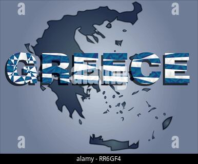 The contours of territory of Greece in grey colours and word Greece in colors of the oficial flag, white and blue Stock Vector