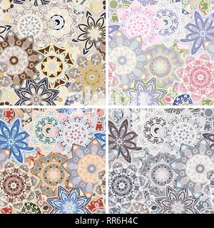 Four colorful seamless patterns with circular ornaments. Vector illustration. Stock Vector