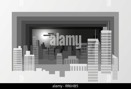 City modern contour landscape. Several plans form a three-dimensional image. Paper look. Stock Vector