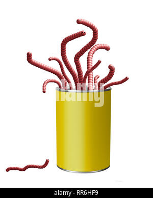 Bright can of worms isolated on white. Concept, metaphor. Bright tin, cute worms. Without label. Stock Photo