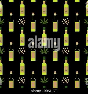 Hemp oil seamless pattern on black background. Cannabis products concept. Vector Stock Vector