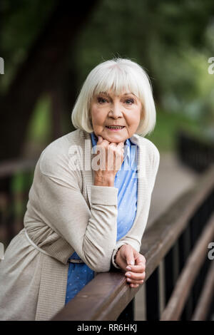 selective focus of smiling senior woman in blue polka dot blouse standing by wooden bridge railing and looking at camera Stock Photo