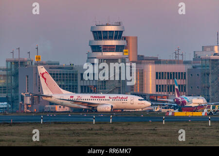 DŸsseldorf International Airport, DUS, Tower, air traffic control, apron control, Tunisair, Boeing 737-600, on the taxiway, Stock Photo