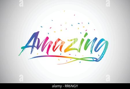 Amazing Creative Word Text with Handwritten Rainbow Vibrant Colors and Confetti Vector Illustration. Stock Vector