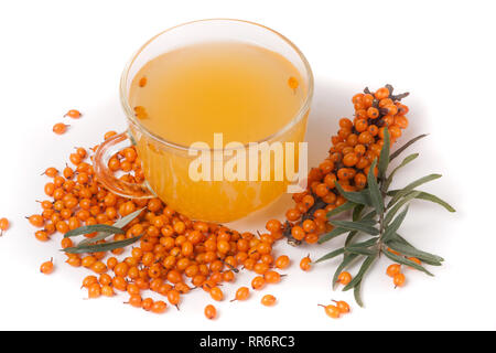 Sea buckthorn tea with a sprig isolated on white background Stock Photo