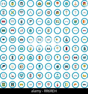 100 city planning icons set, flat style Stock Vector