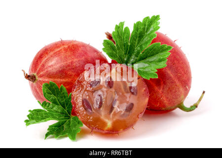 red gooseberries with leaf and half isolated on white background Stock Photo