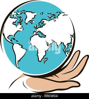 Travel, world logo or label. Hand carefully keeps globe. Vector illustration Stock Vector