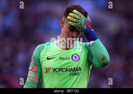 London, UK. 24th Feb, 2019. Kepa Arrizabalaga of Chelsea reacts and looks dejected. Carabao Cup final match, Chelsea v Manchester city at Wembley Stadium in London on Sunday 24th February 2019. this image may only be used for Editorial purposes. Editorial use only, license required for commercial use. No use in betting, games or a single club/league/player publications . pic by Steffan Bowen/Andrew Orchard sports photography/Alamy Live news Credit: Andrew Orchard sports photography/Alamy Live News Stock Photo