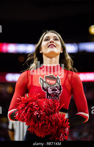 Raliegh, North Carolina, USA. 24th Feb, 2019. A North Carolina State Wolfpack cheerleader during the NCAA College Basketball game between the Wake Forest Demons Deacons and the North Carolina State Wolfpack at PNC Arena on Sunday February 24, 2019 in Raleigh, NC. Jacob Kupferman/CSM Credit: Cal Sport Media/Alamy Live News Stock Photo