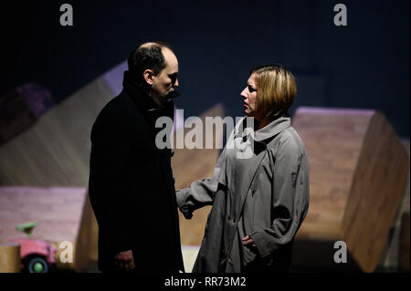 Bremen, Germany. 19th Feb, 2019. Silke Buchholz in the role of Angela Merkel in the time after her chancellorship and Markus Seuß in the role of her former driver appear during the rehearsal at the Shakespear Company in Bremen. The premiere of the play 'Angela I.' will take place on 28.02.2019. Credit: Mohssen Assanimoghaddam/dpa/Alamy Live News Stock Photo