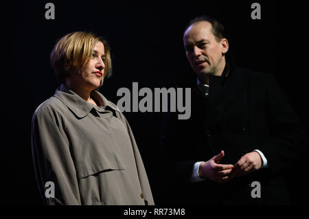 Bremen, Germany. 19th Feb, 2019. Silke Buchholz in the role of Angela Merkel in the time after her chancellorship and Markus Seuß in the role of her former driver appear during the rehearsal at the Shakespear Company in Bremen. The premiere of the play 'Angela I.' will take place on 28.02.2019. Credit: Mohssen Assanimoghaddam/dpa/Alamy Live News Stock Photo