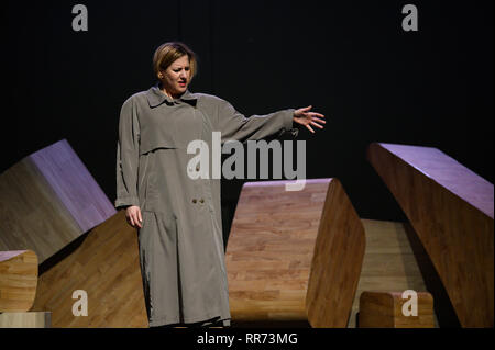 Bremen, Germany. 19th Feb, 2019. Silke Buchholz in the role of Angela Merkel in the time after her chancellorship appears during the rehearsal at the Shakespear Company in Bremen. The premiere of the play 'Angela I.' will take place on 28.02.2019. (to dpa 'play 'Angela I.' catapults post-Merkel era into now') Credit: Mohssen Assanimoghaddam/dpa/Alamy Live News Stock Photo