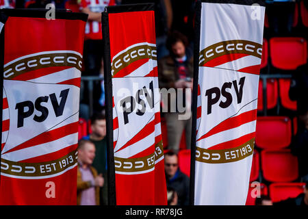 Eindhoven, Netherlands. 24th Feb, 2019. EINDHOVEN, PSV - Feyenoord 1-1, 24-02-2019 football, Dutch Eredivisie Season 2018 - 2019, PSV Philips Stadium, flags with PSV logo Credit: Pro Shots/Alamy Live News Stock Photo