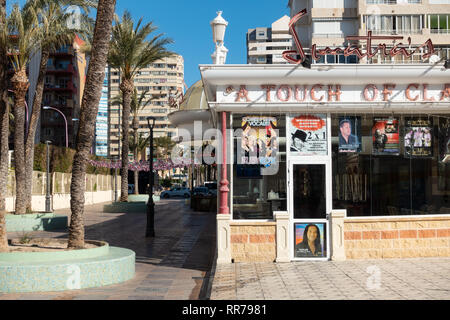 Benidorm, Costa Blanca, Spain, 25th February 2019. Two staff members at the Beachcomber pub in Benidorm New Town on the British square. Two British tourists have been arrested in relation to the alleged attack. Seen here is Sinatras, A Touch Of Class Bar which is not connected to the reported incident. Credit: Mick Flynn/Alamy Live News Stock Photo