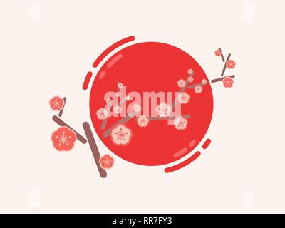 Sakura. Branch of cherry flowers and sun. Flat vector illustration. Stock Vector