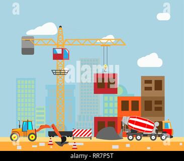 Building work process with houses and construction machines in the town. Vector illustration. Stock Vector