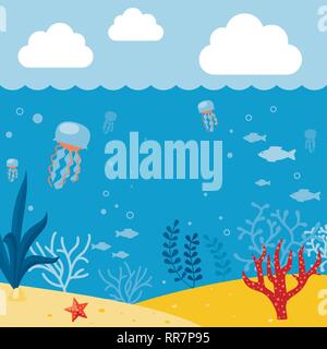 Underwater background. Background with marine animals. Summer background Stock Vector