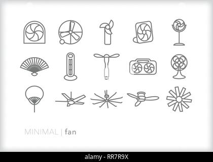 Set of 15 fan line icons for cooling down on a hot weather Stock Vector