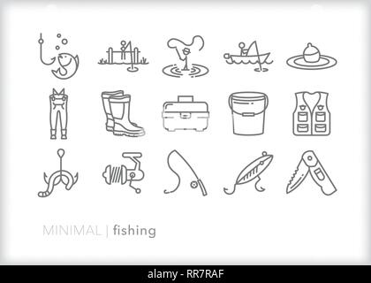 Set of 15 fishing line icons for recreational, hobby or sport fishing Stock Vector