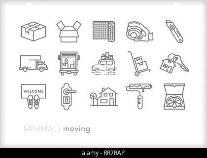 Set of 15 house moving line icons of objects for use when a family or person moves furniture and belongings to a new home Stock Vector
