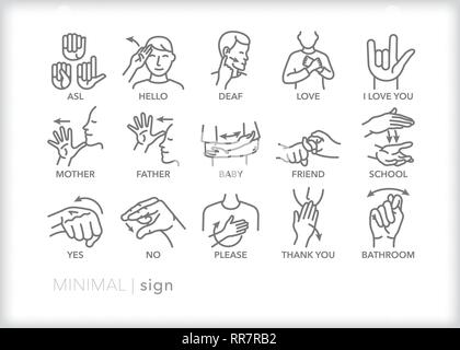 Set of 15 sign language line icons showing how to communicate without verbal words but through hand and arm movements Stock Vector