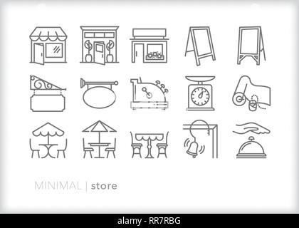 Set of 15 shop line icons for small business shops and cafes Stock Vector