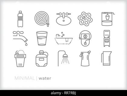 Set of 15 water line icons including ways to access, clean, store and retrieve water Stock Vector