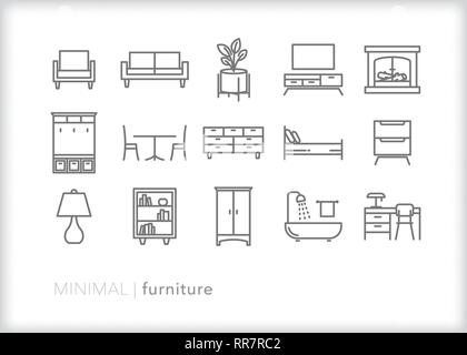 Set of 15 house furniture line icons for bedroom, living room, study and bathroom in a mid-century modern style Stock Vector