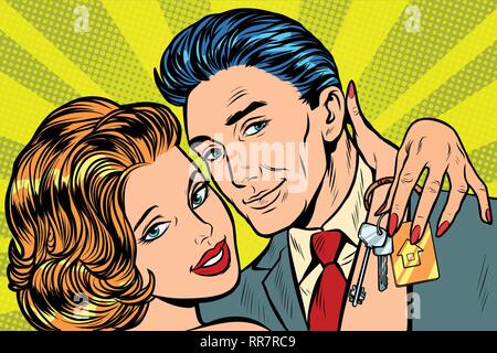 couple in love, house keys gift. Pop art retro vector illustration vintage kitsch Stock Vector